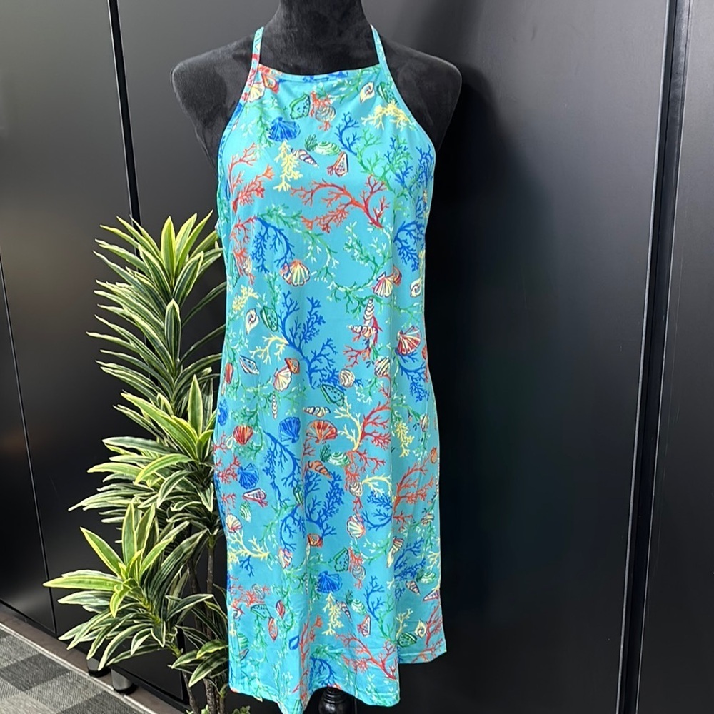 Banana Boat UPF 50+ halter style, lightweight aqua/coral sea life pattern